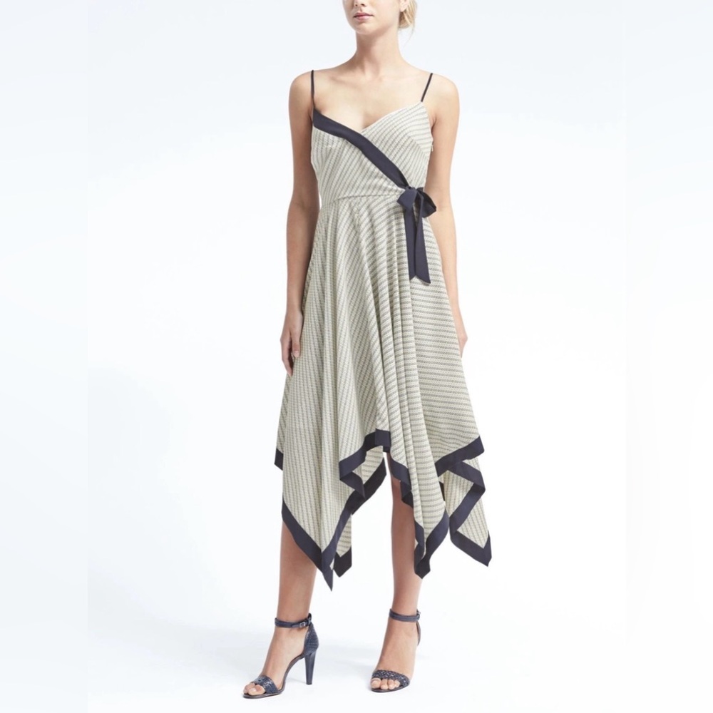 Banana Republic Navy Green Print Spaghetti Strap Handkerchief Hem Dress Size 4